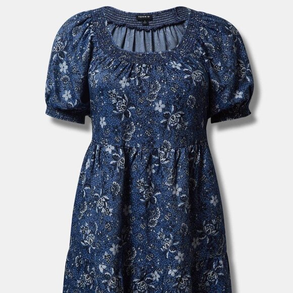 ❤️NWT VINTAGE TORRID FLORAL MINI DRESS - PUFF SLEEVE CHAMBRAY, POCKETS - SIZE 3X - Picture 7 of 9